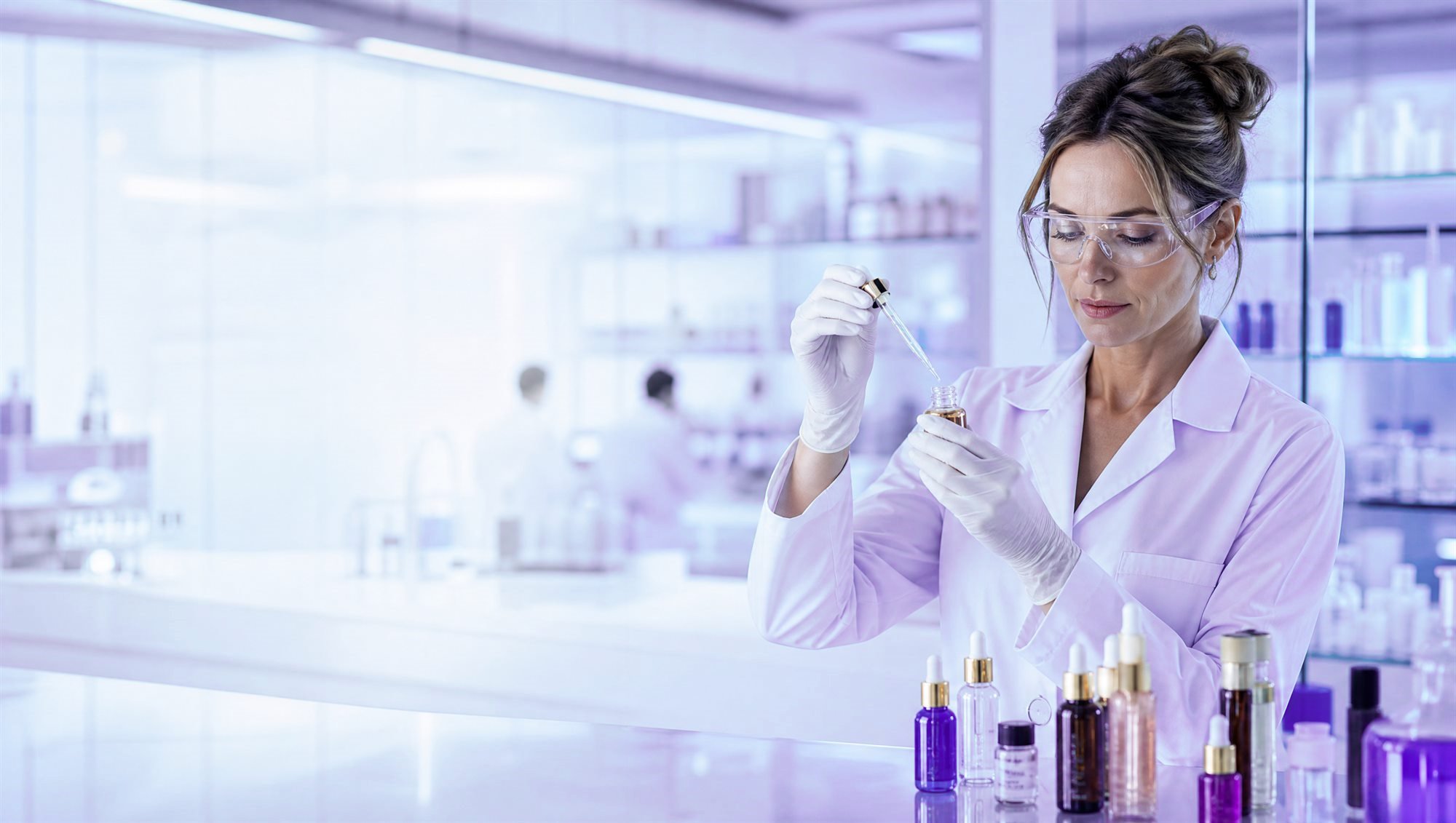Científica formulando ingredientes cosméticos en laboratorio